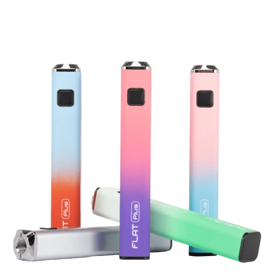 Gradient-colored electronic devices with 'Flat Plus' branding on a white background