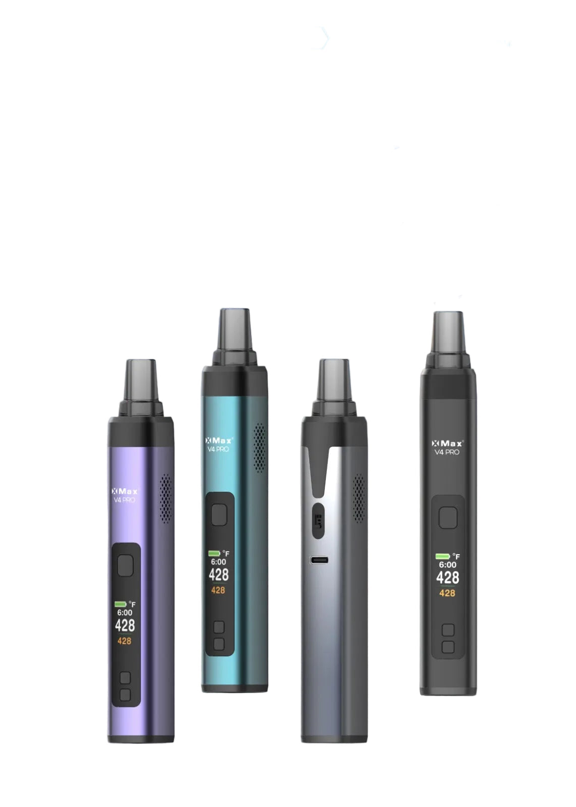 XMax V4 Pro vaping device with features listed on a blue and beige background