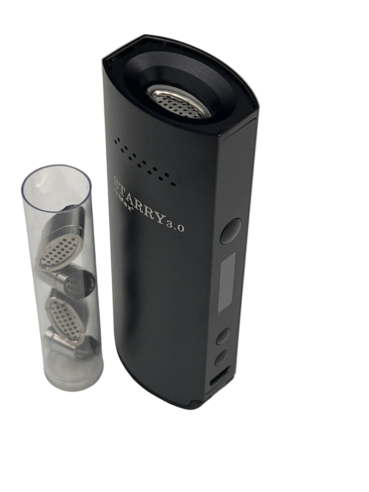 Black electronic device with transparent cylindrical component on a white background