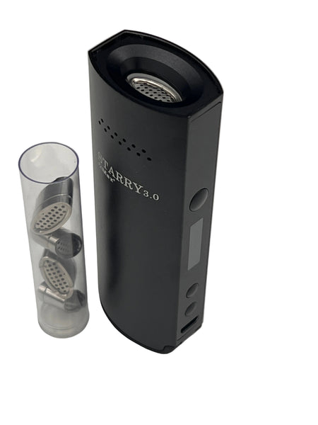 Black electronic device with transparent cylindrical component on a white background